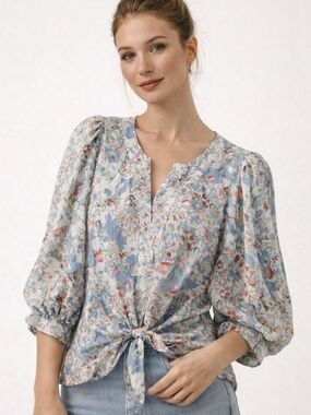 Rose + Olive Floral Blouse Size M Lightweight Puff Sleeve Tie Front Top